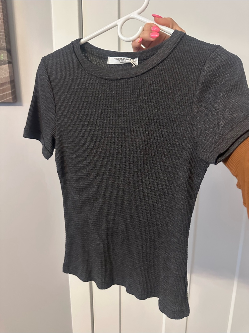 NWT perfectwhitetee Charcoal Black Wafflw Ribbed Short Sleeve Tee small